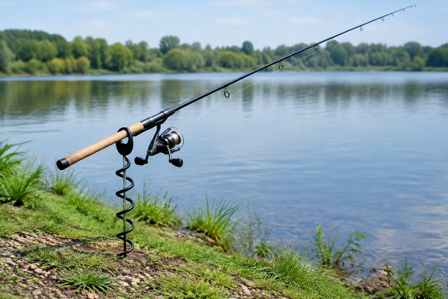 A fishing rod rests in a spiral holder on a grassy lakeshore.