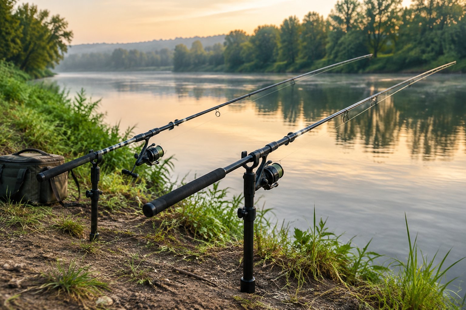 Two fishing rods rest in holders on a riverbank beside the water.