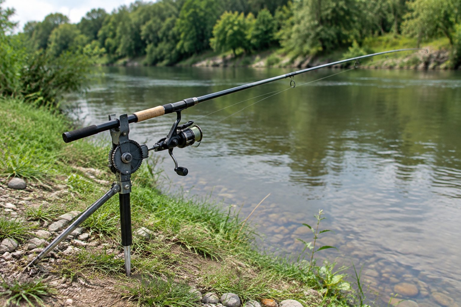 A fishing rod secured in a holder on a riverbank, angled over the water.