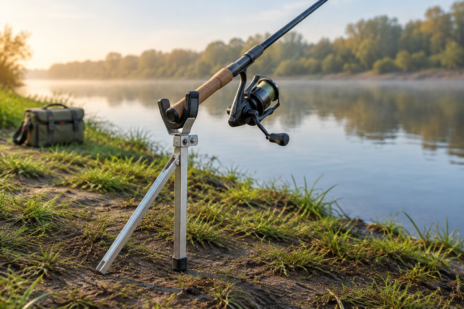 A fishing rod rests in a folding holder planted on a grassy riverbank.