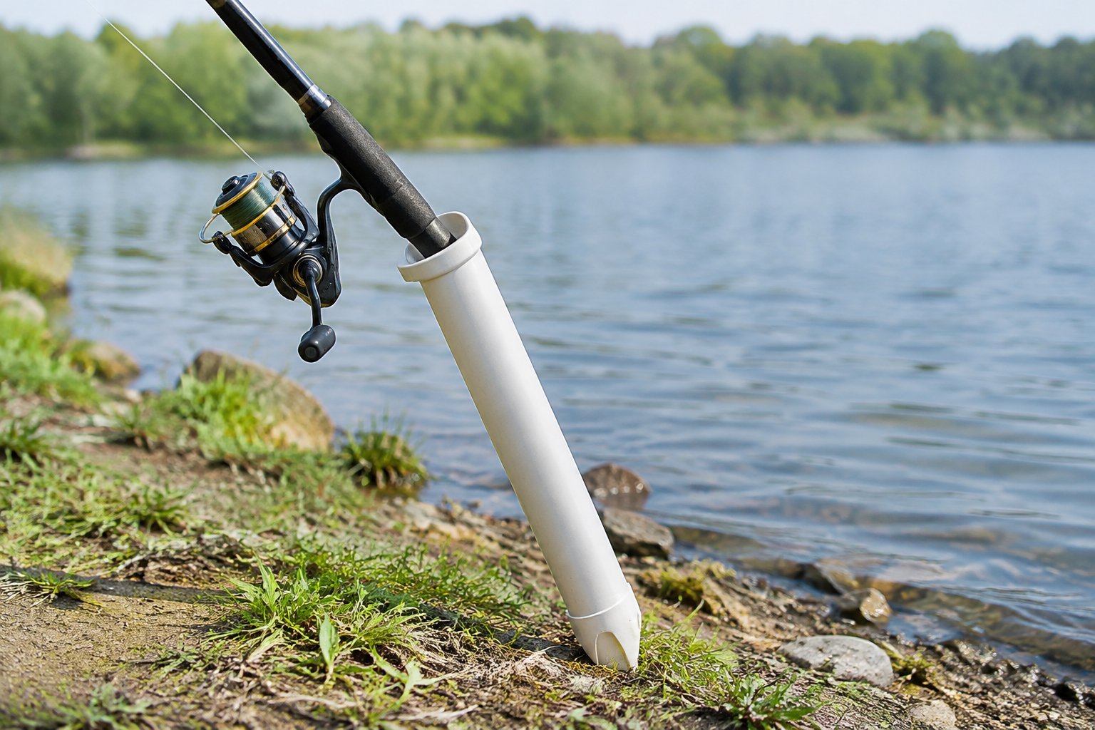 A fishing rod rests in a tube holder beside a calm lake.