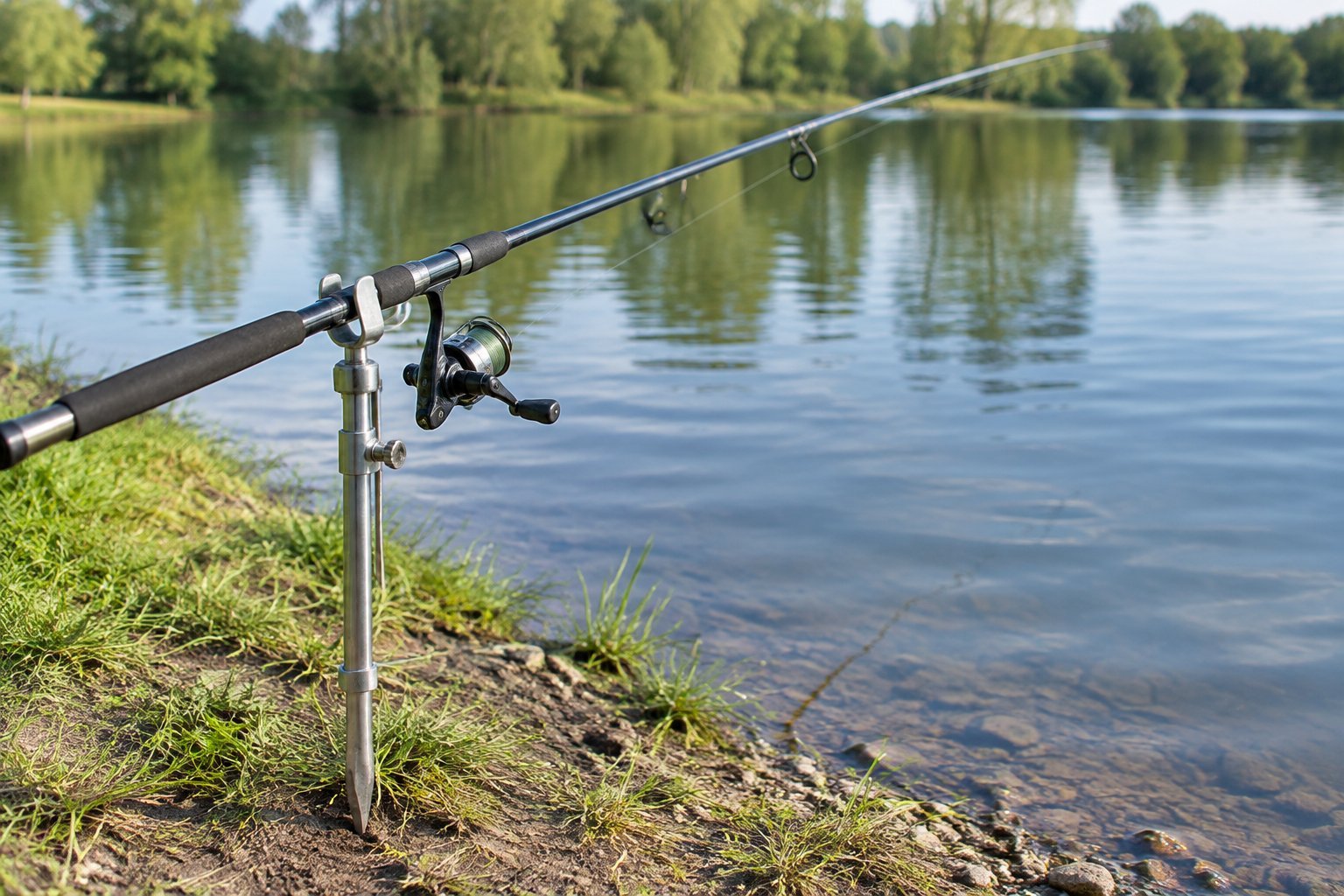 A fishing rod rests in a ground-spike holder on a lakeshore.