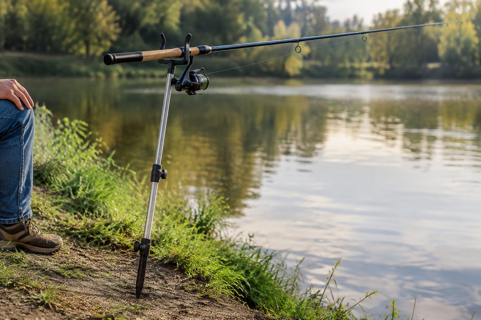 A fishing rod rests in a stake-mounted holder on a riverbank.