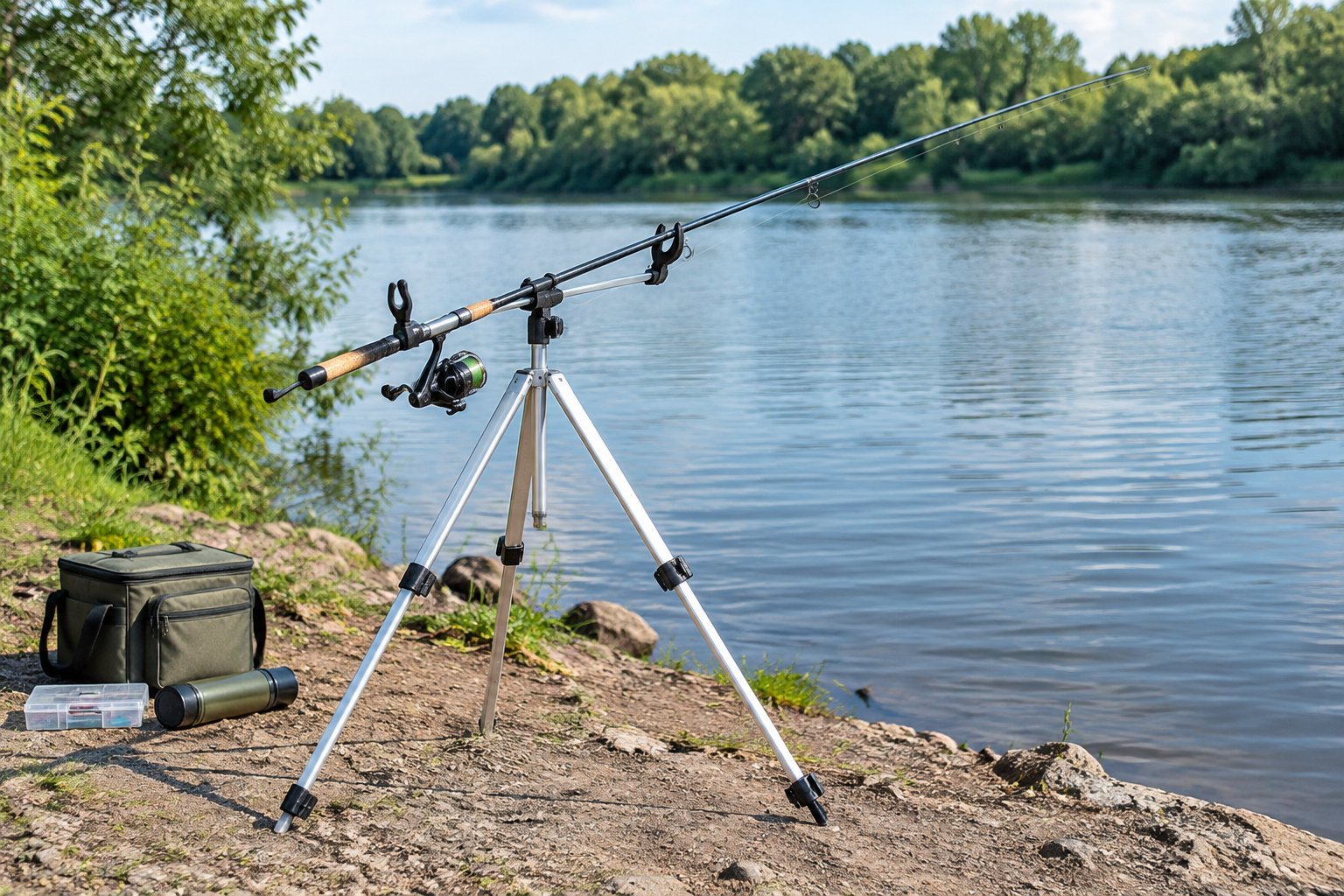 An aluminum tripod stand holds a fishing rod beside a river.