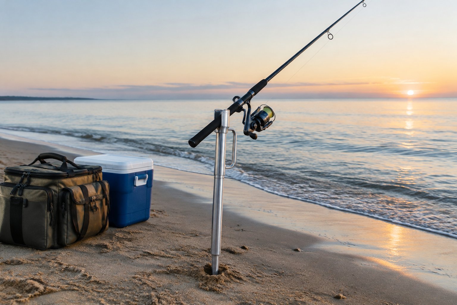 A fishing rod rests in a sand spike holder on a shoreline beside a tackle bag and cooler.