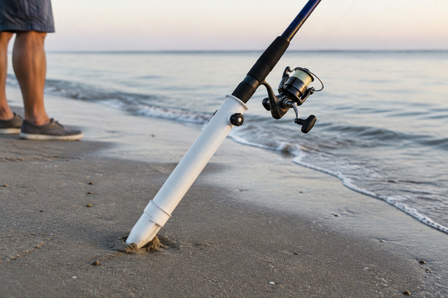 A fishing rod rests in a PVC sand spike holder beside the shoreline.