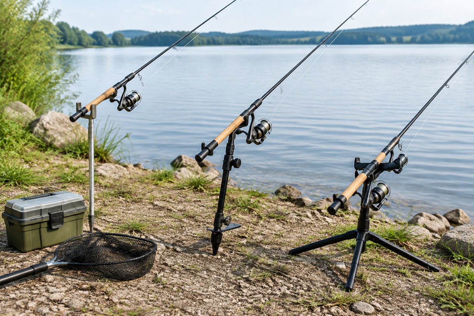 Fishing rods sit in several holders along a lakeshore beside a tackle box and landing net.
