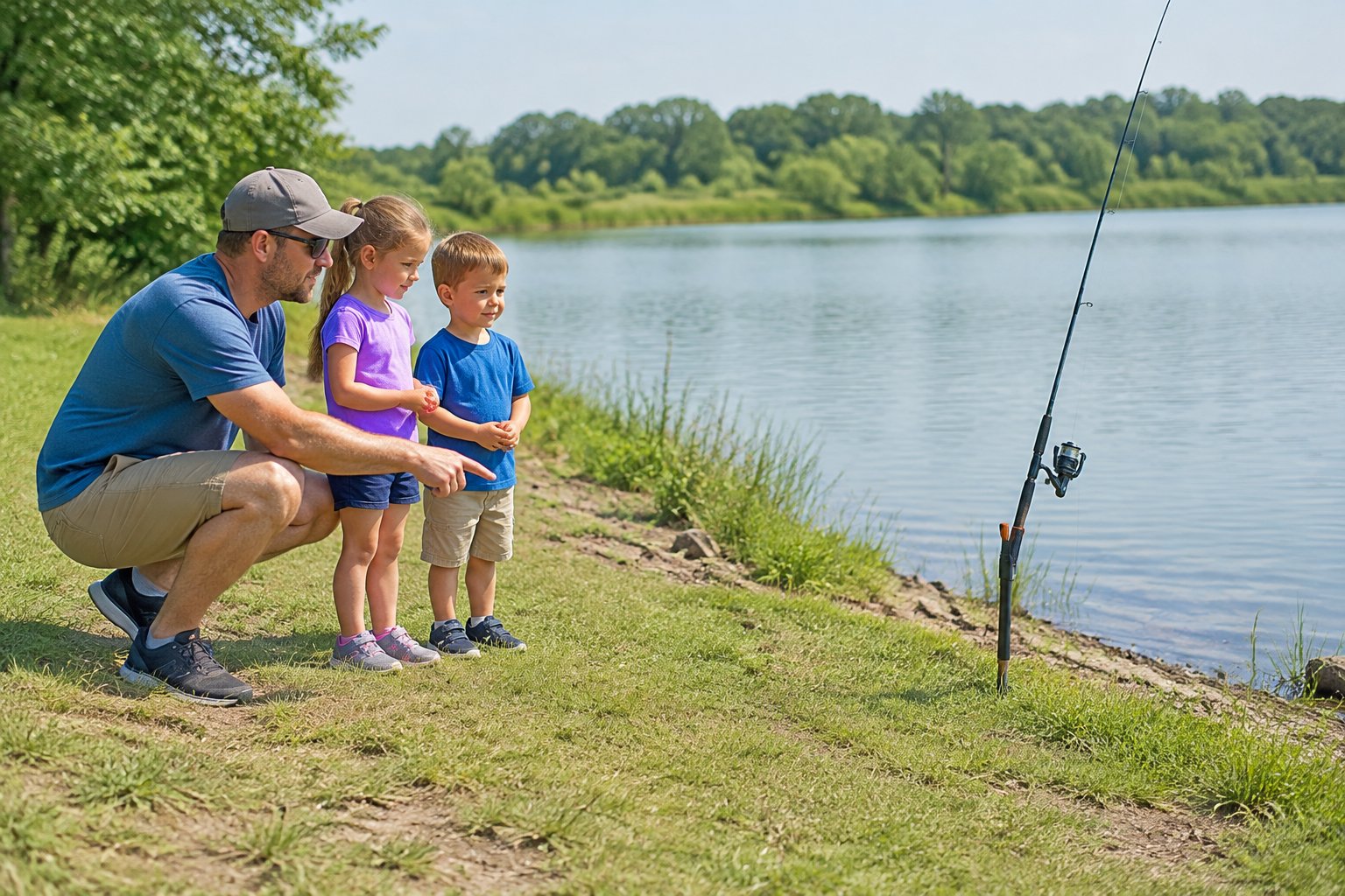 An adult supervises two children near a fishing rod secured in a holder on a calm shoreline.
