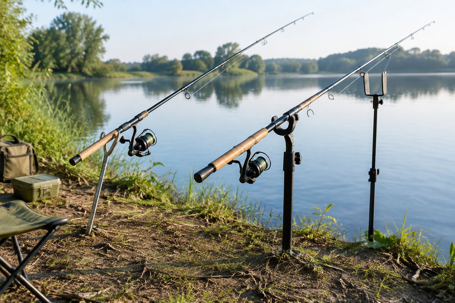 Fishing rods rest in different holders along a calm lakeshore.
