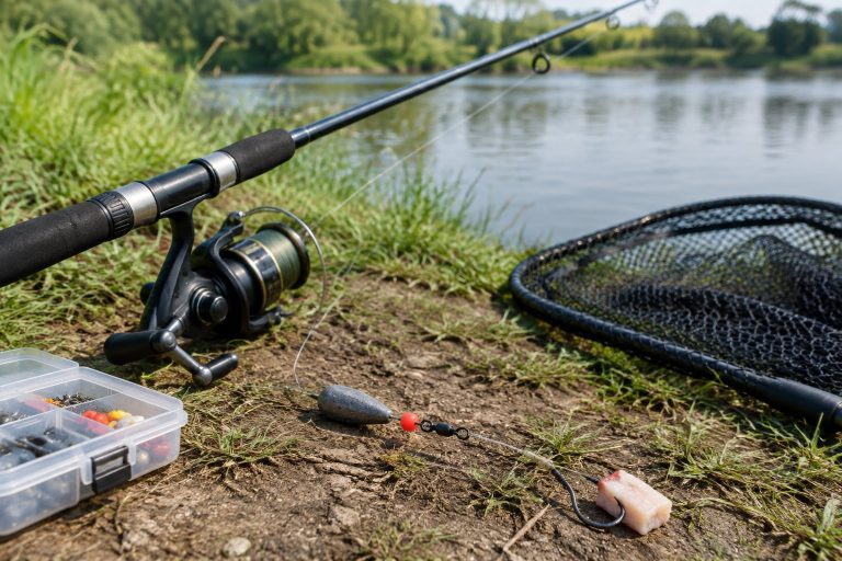 A catfish fishing rig and rod arranged beside a riverbank.