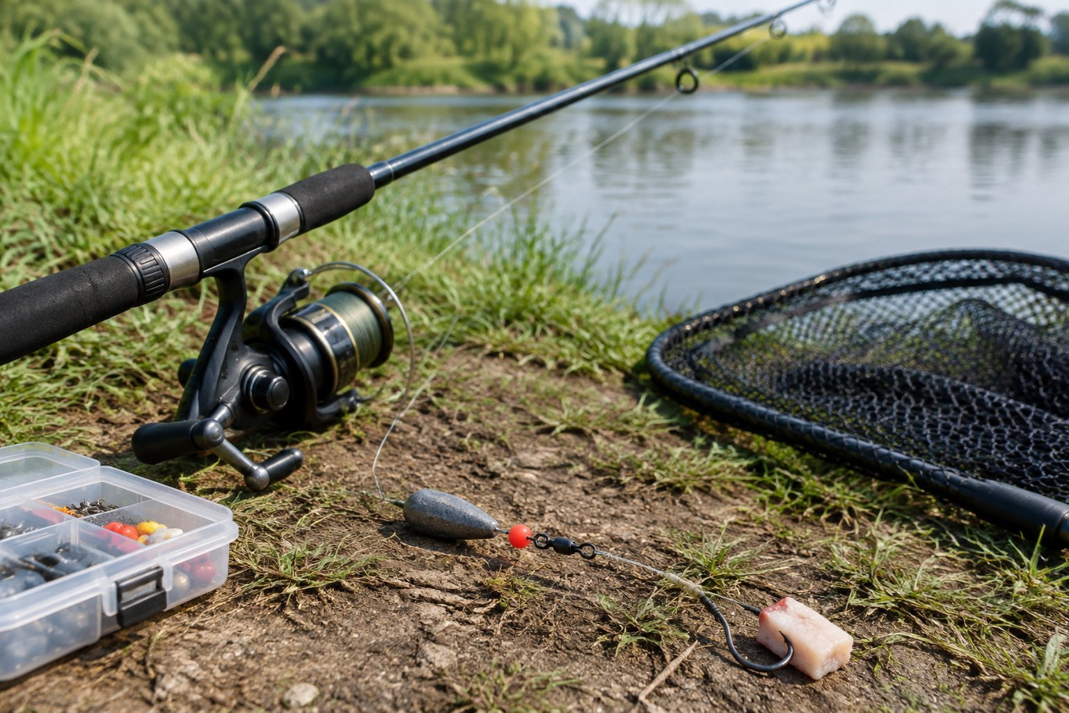 A catfish fishing rig and rod arranged beside a riverbank.