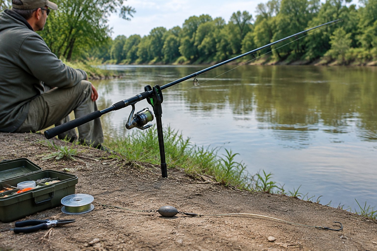 An angler’s fishing rod rests in a holder on a riverbank beside a catfish rig and tackle box.