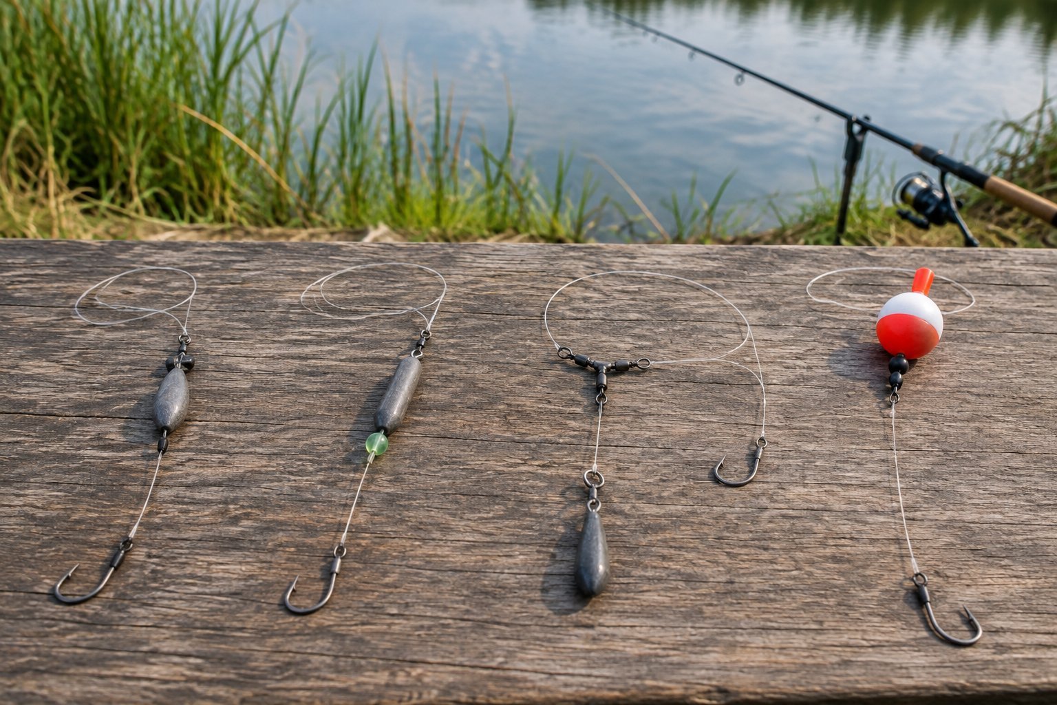Four different catfish fishing rigs arranged on a wooden surface beside a riverbank.