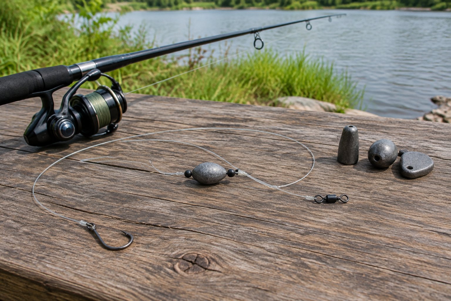 A catfish hook, fishing line, swivel, and sinker arranged beside a riverbank.