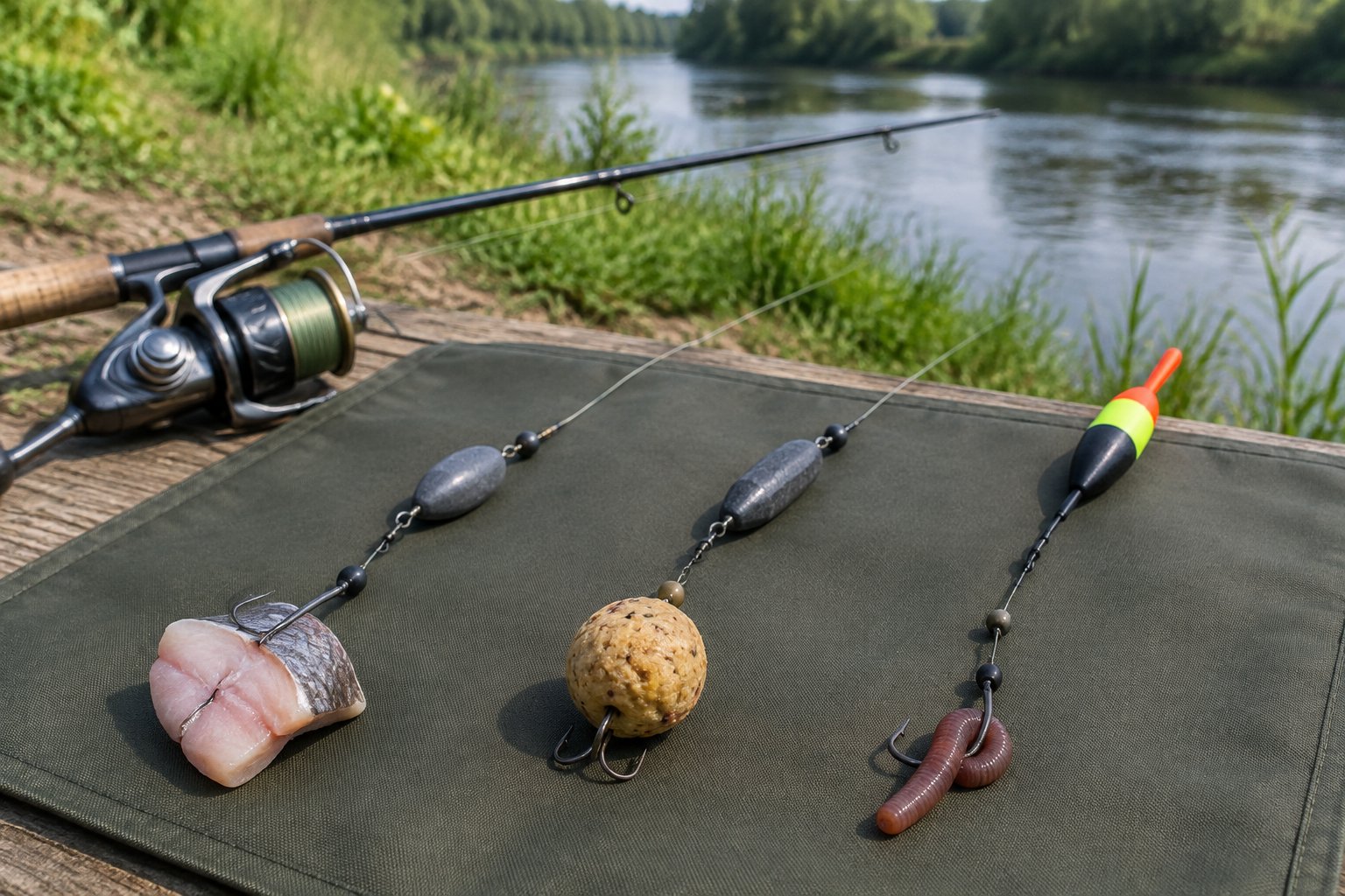 Three catfish rigs paired with cut bait, dough bait, and a nightcrawler beside a riverbank.