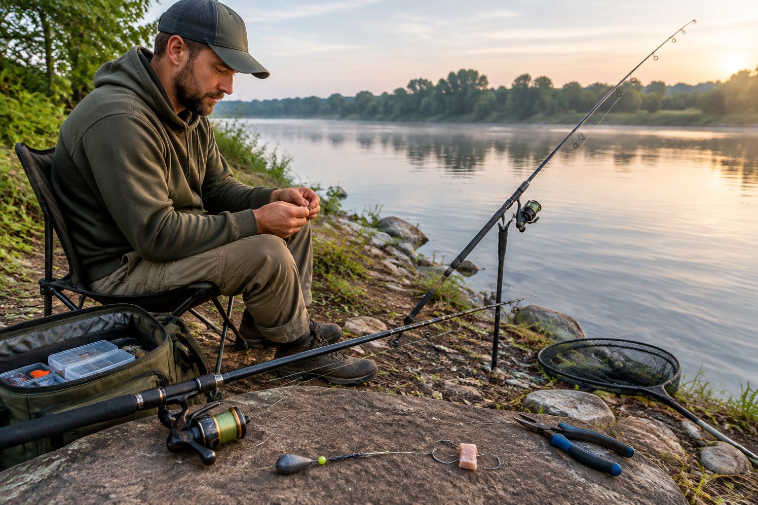 An angler prepares a baited catfish rig on a quiet riverbank.