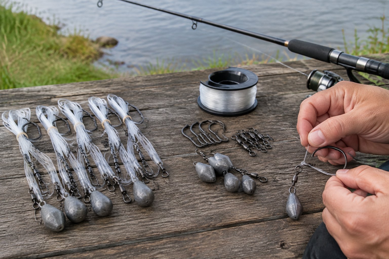 Fishing tackle arranged on a riverbank, with ready-made catfish rigs beside supplies for assembling a rig.