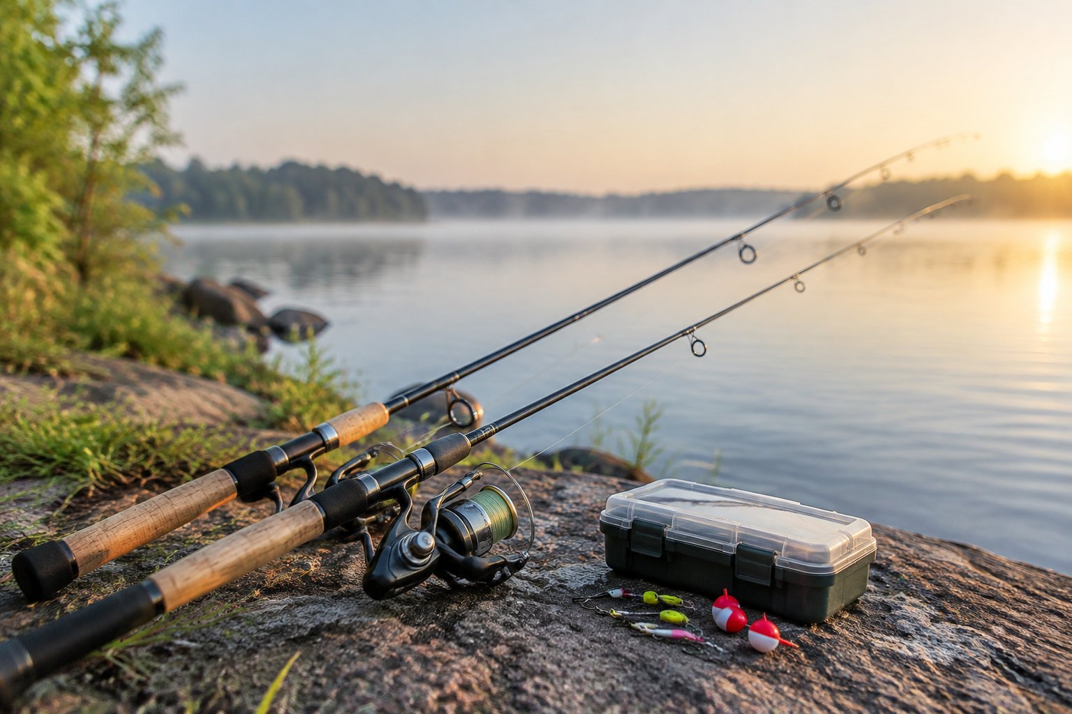 Fishing rods and tackle arranged beside a calm lake.