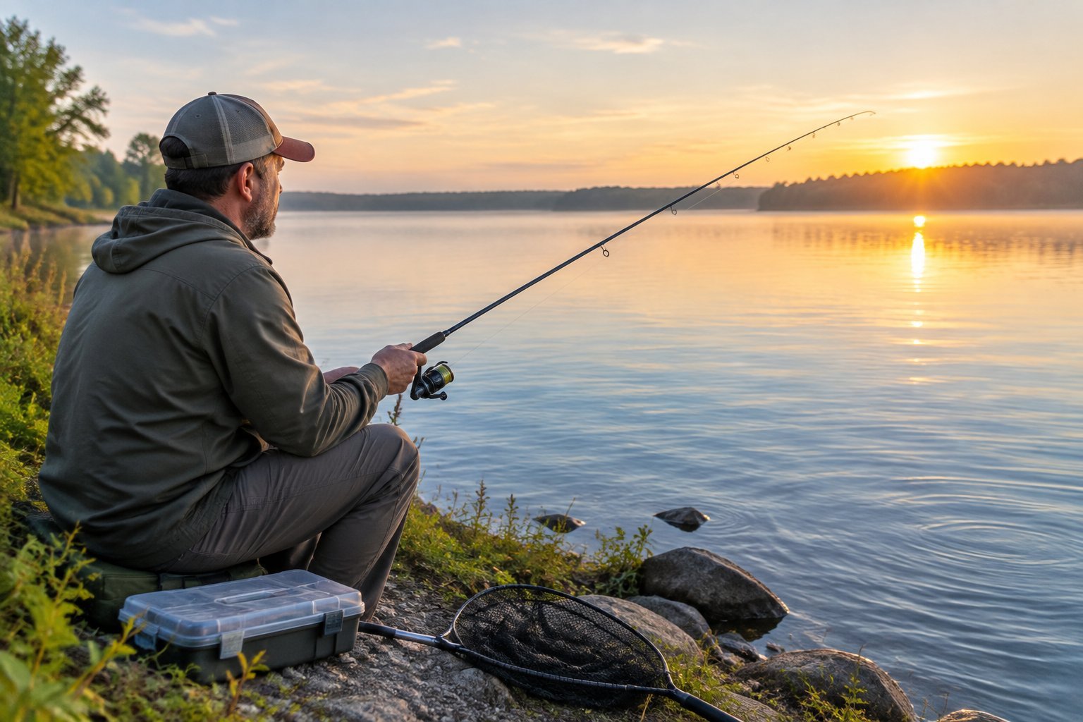 An angler holds a spinning rod beside a calm lake.
