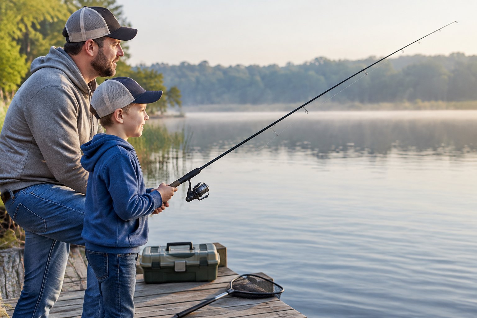 A parent and child fish together from a lakeside dock with a spinning rod.