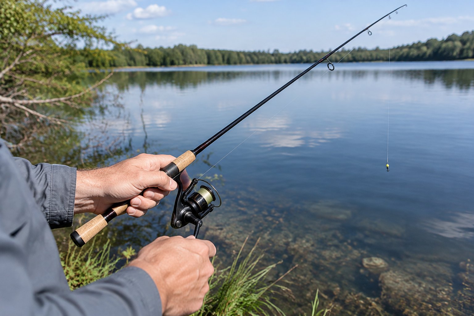 An angler holds a lightweight spinning rod beside a calm lake.