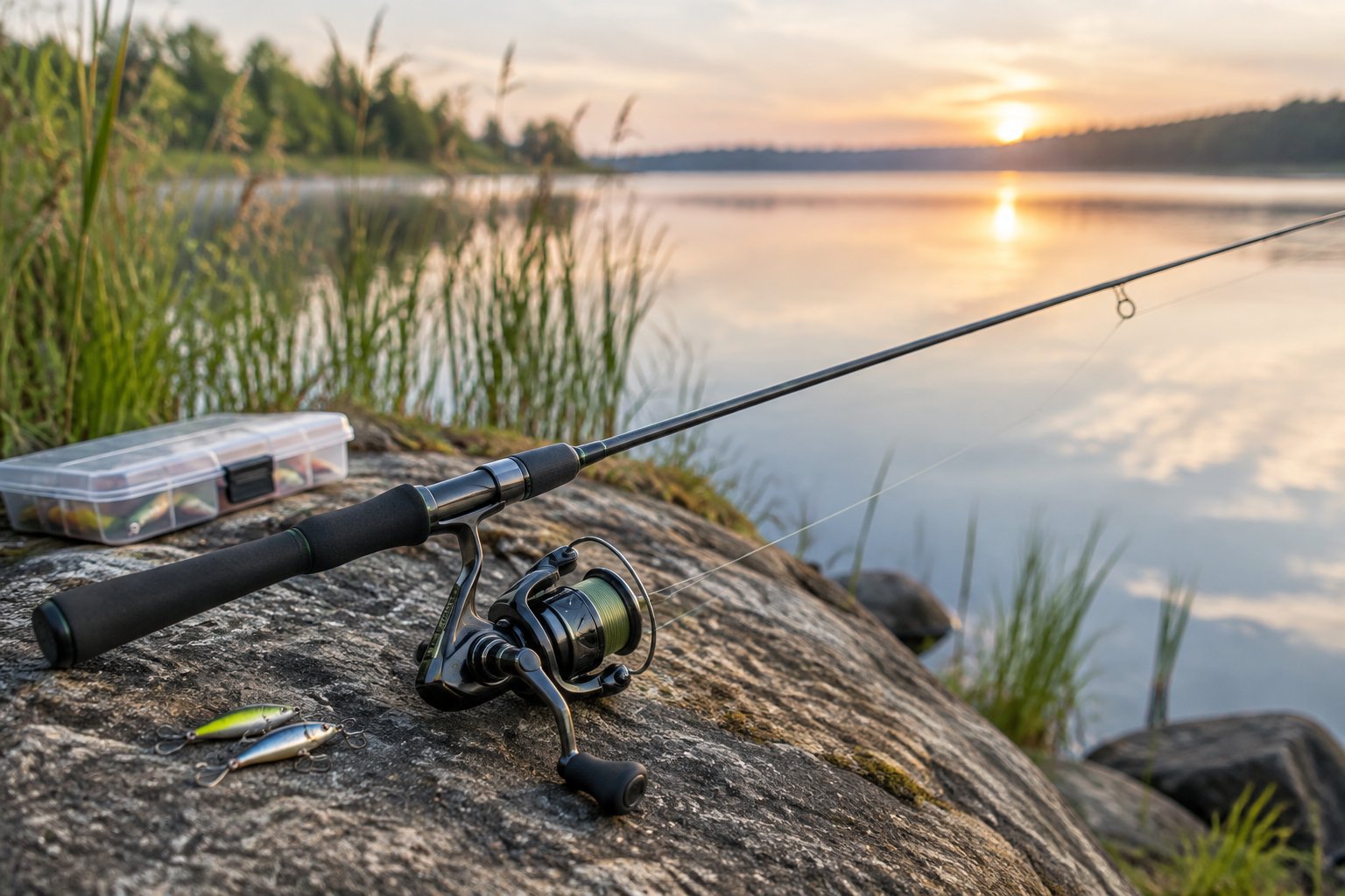 A spinning rod and reel beside a calm freshwater lake.
