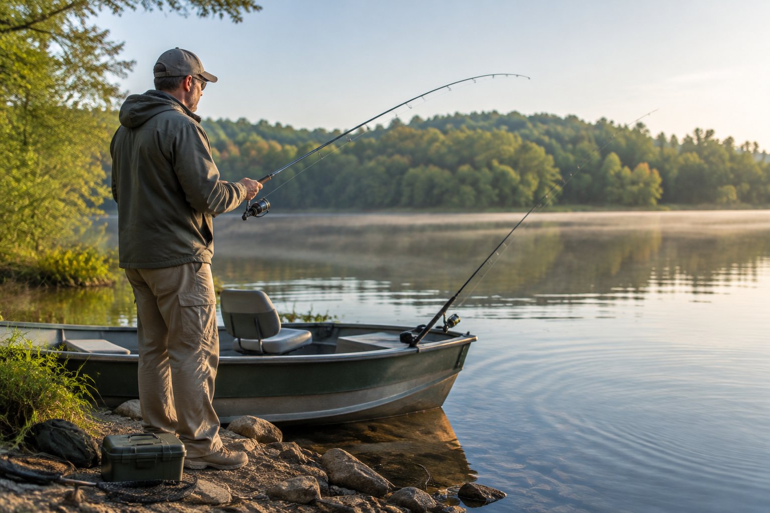 An angler fishes from a lakeshore beside a small boat.