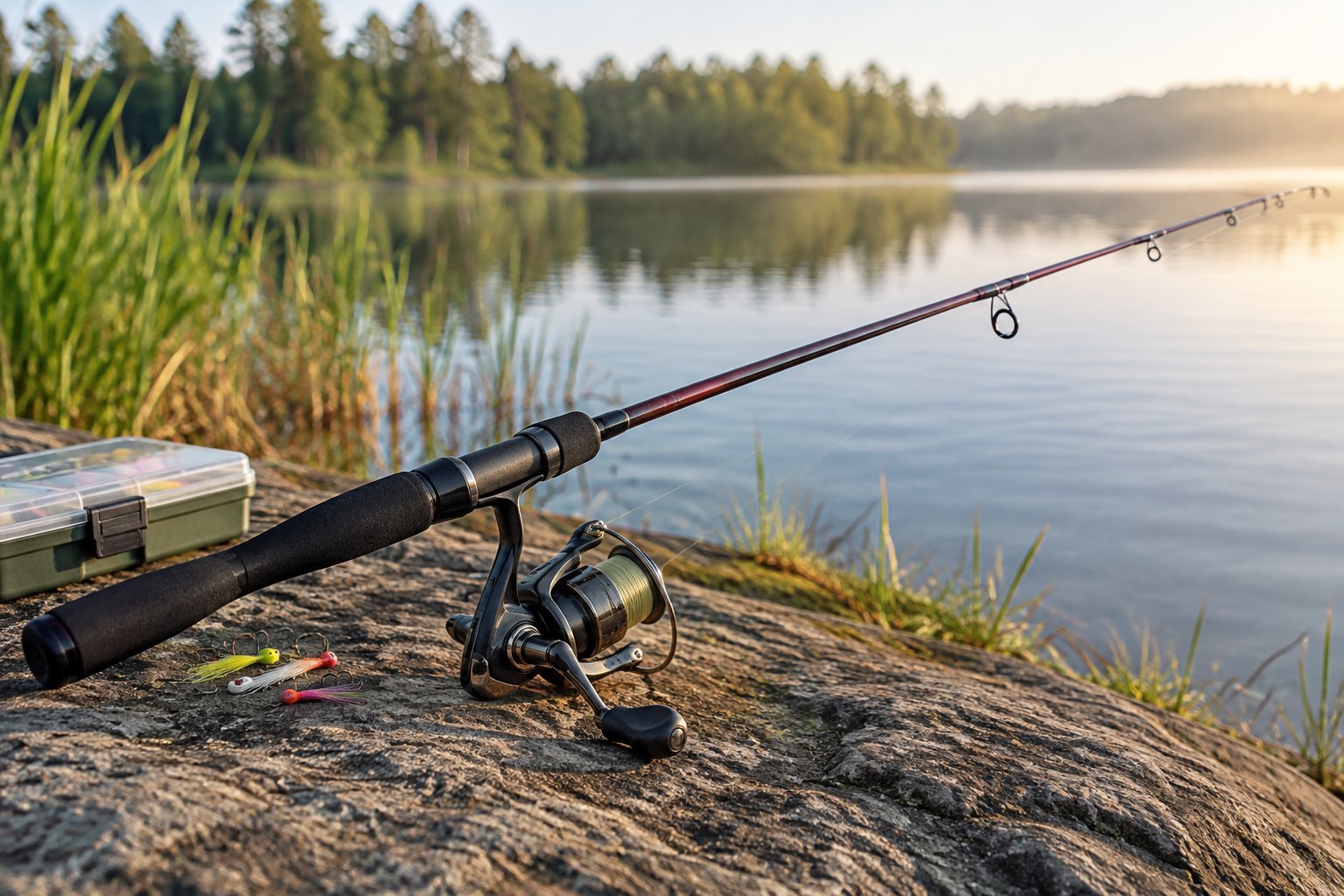 A spinning rod and reel beside a calm freshwater lake.