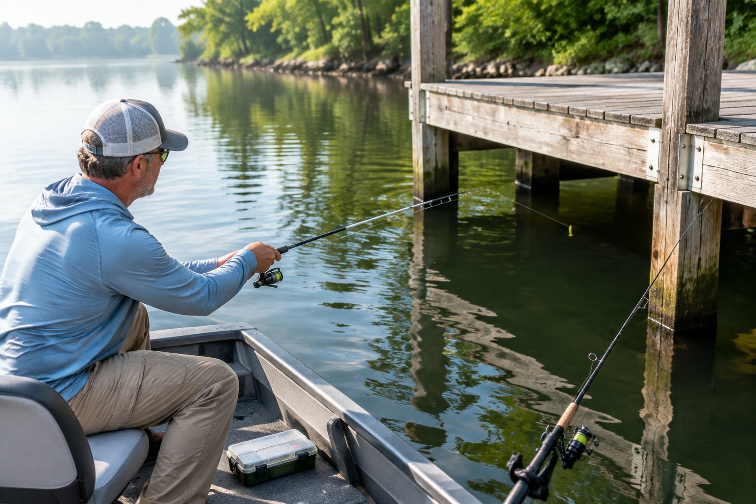 An angler uses a short fishing rod to cast beneath a dock from a small boat.