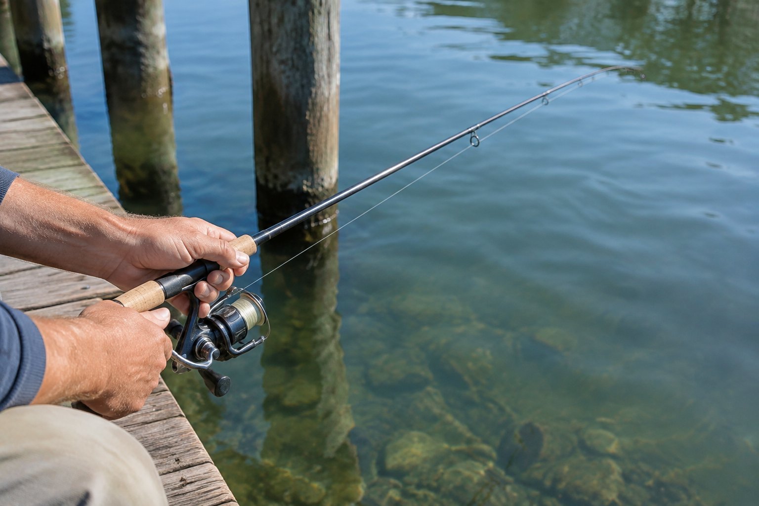 An angler holds a spinning rod beside a shaded wooden dock.