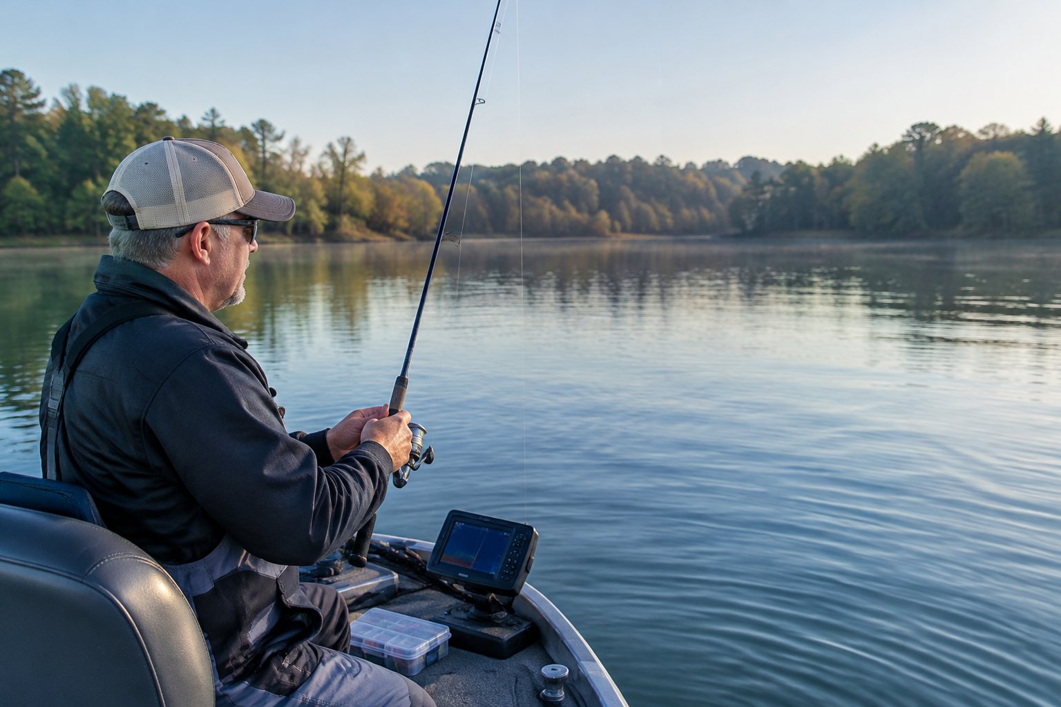 An angler vertical jigging from a small boat on a calm lake.
