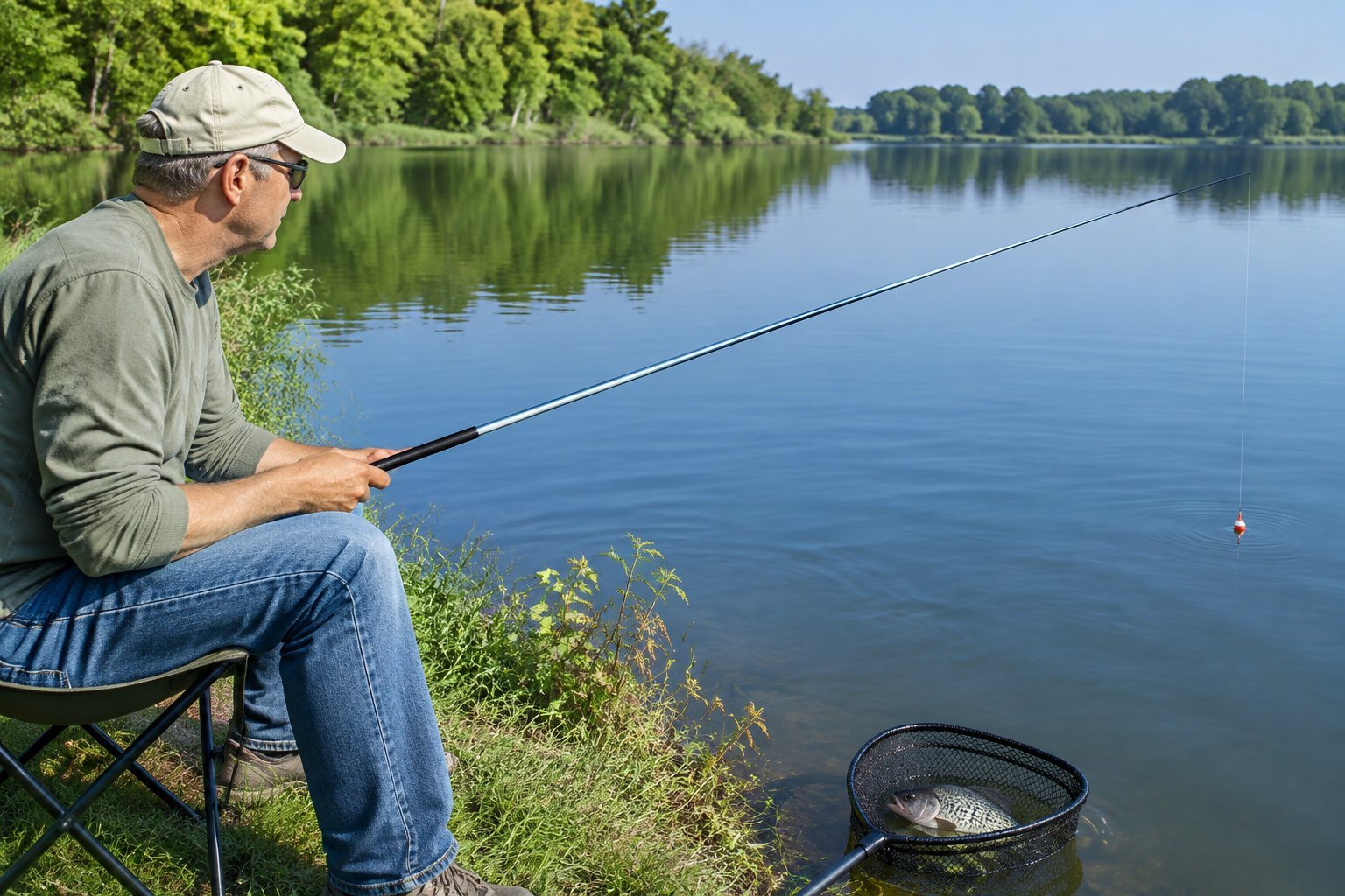 An angler uses a long pole to fish at the edge of a calm pond.