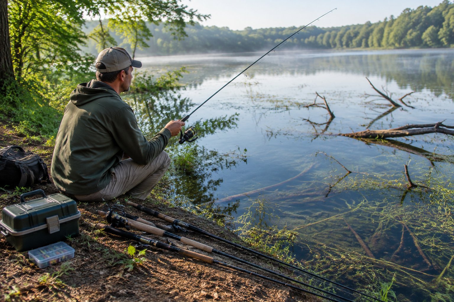 An angler compares fishing rods beside a calm lake.