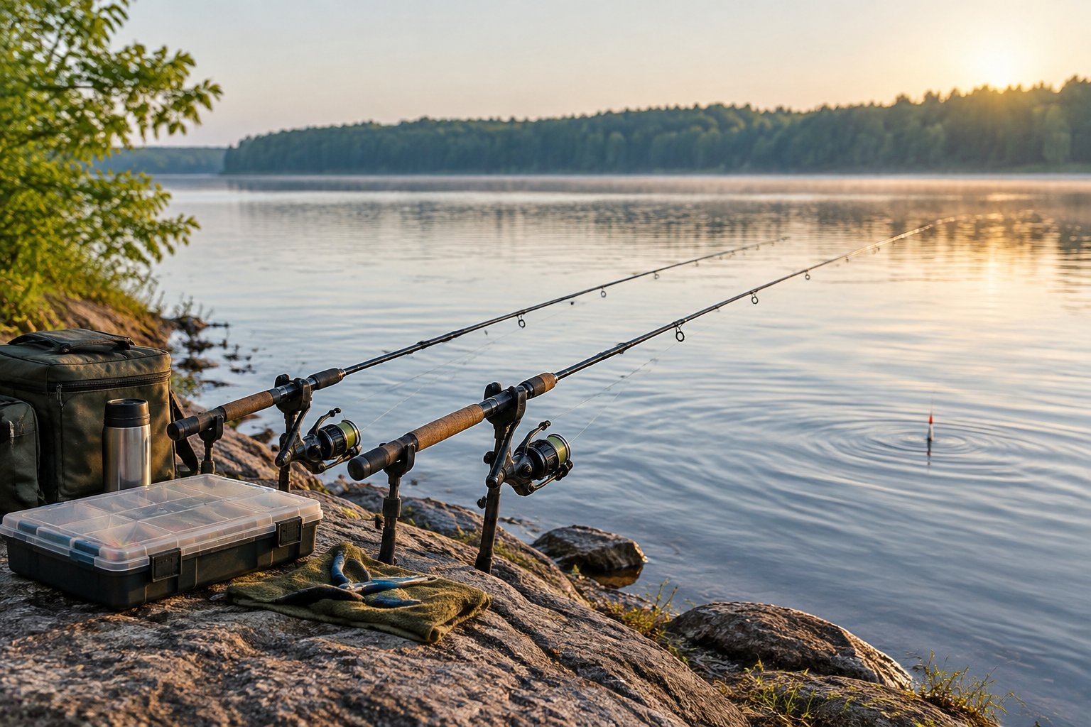 Two fishing rods set up beside a calm lake.