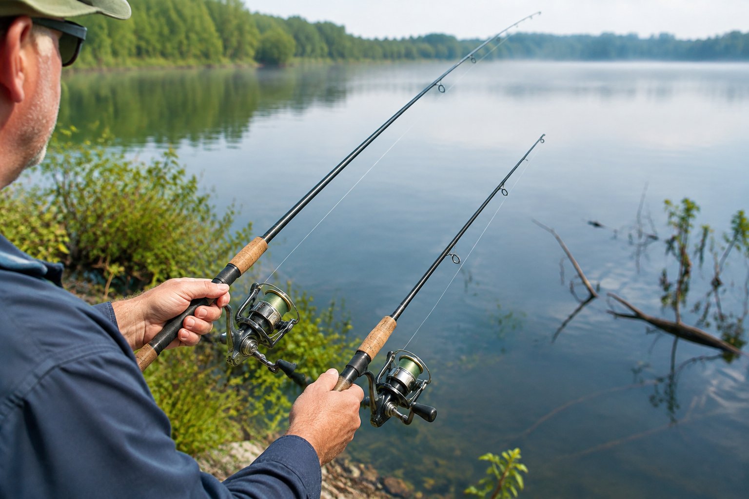 An angler compares two fishing rods beside a calm freshwater lake.