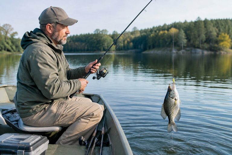 An angler lifts a crappie from a calm lake while fishing with a jig.