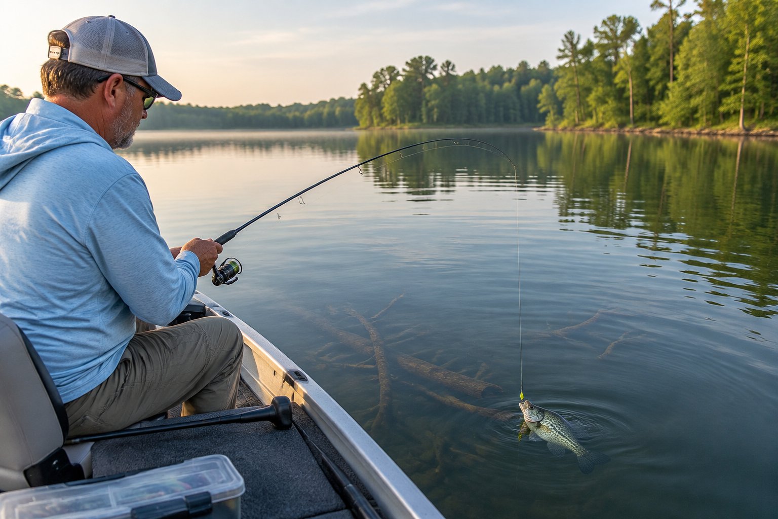 An angler works a jig from a small boat while fishing for crappie.