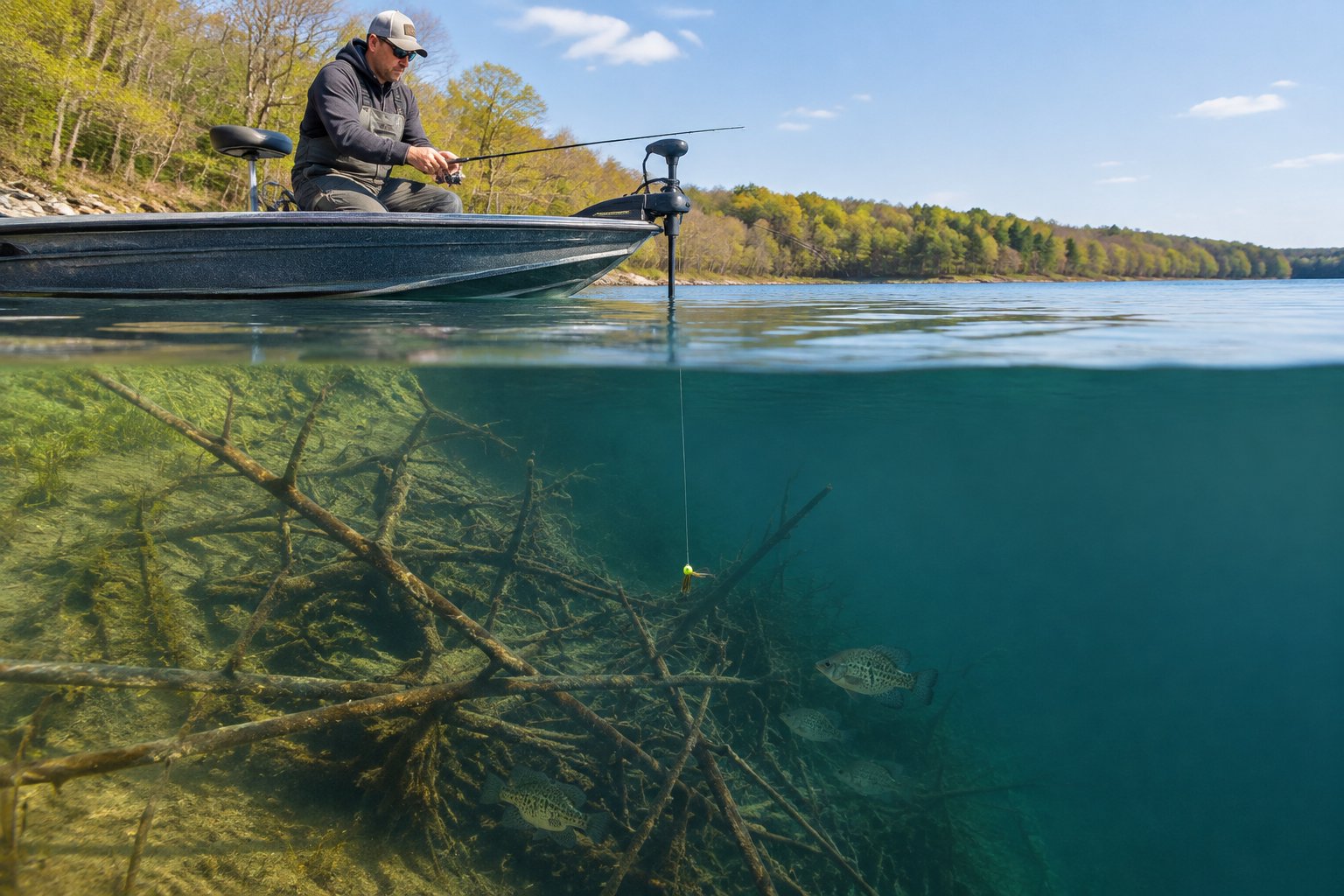 An angler lowers a jig toward submerged brush beside a fishing boat on a freshwater lake.