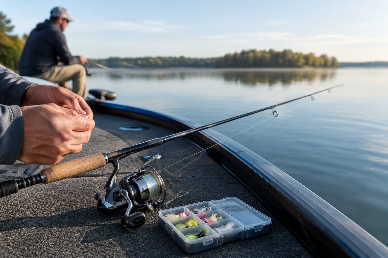 A spinning rod, reel, and crappie jigs arranged on a fishing boat beside a calm lake.
