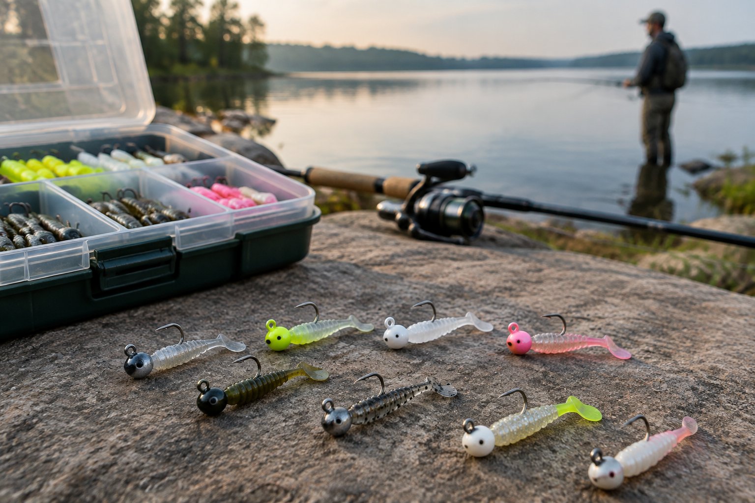 Several colorful crappie jigs arranged beside an open tackle box near a lake.