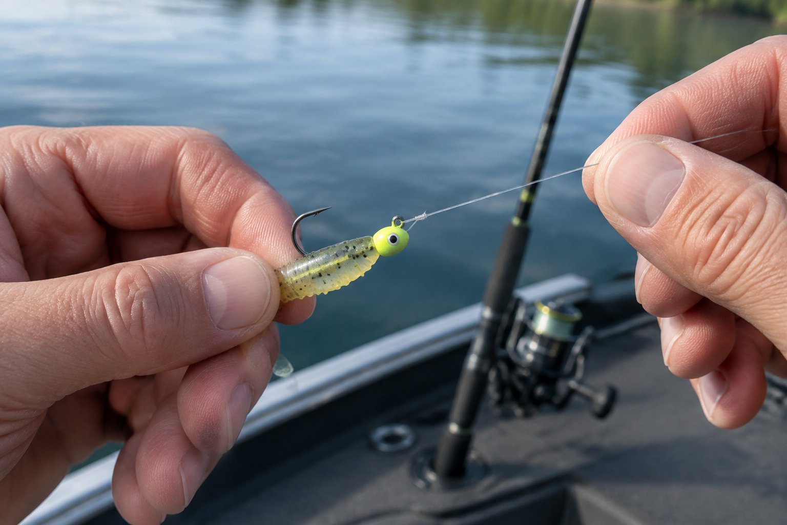 An angler ties a small jig to a fishing line.