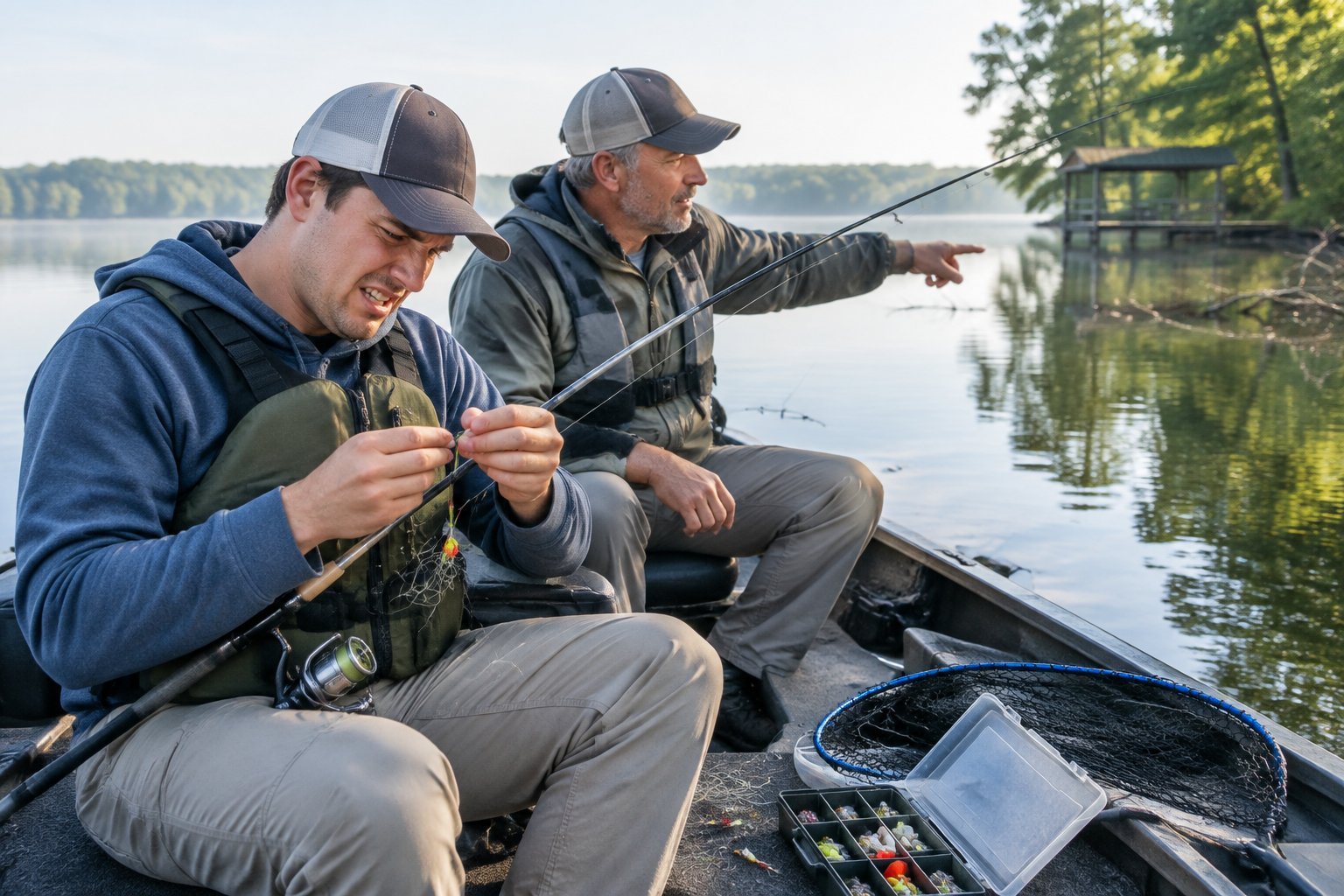 A beginner angler struggles with tangled fishing gear while a companion points toward a fishing spot on a lake.