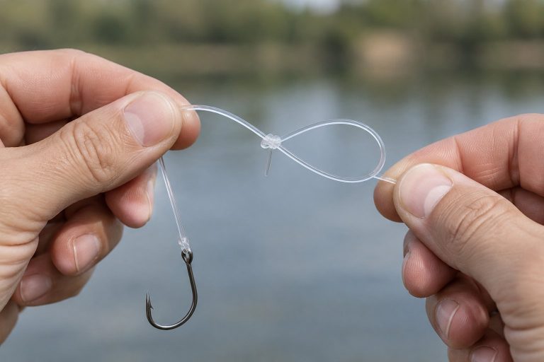 Hands tie a loop knot in fishing line beside a fishing hook.