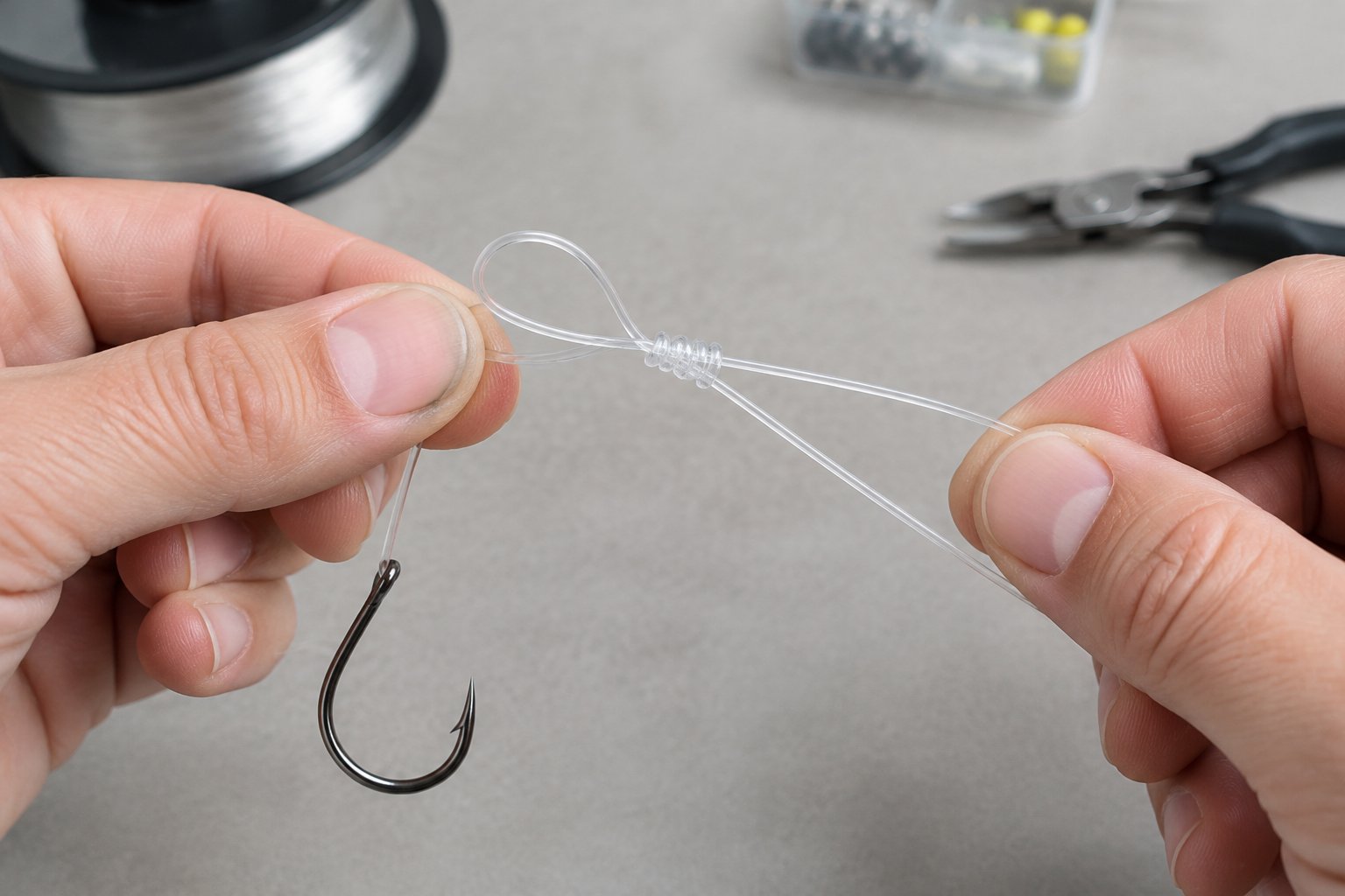 Hands form a loop knot in fishing line beside a hook.