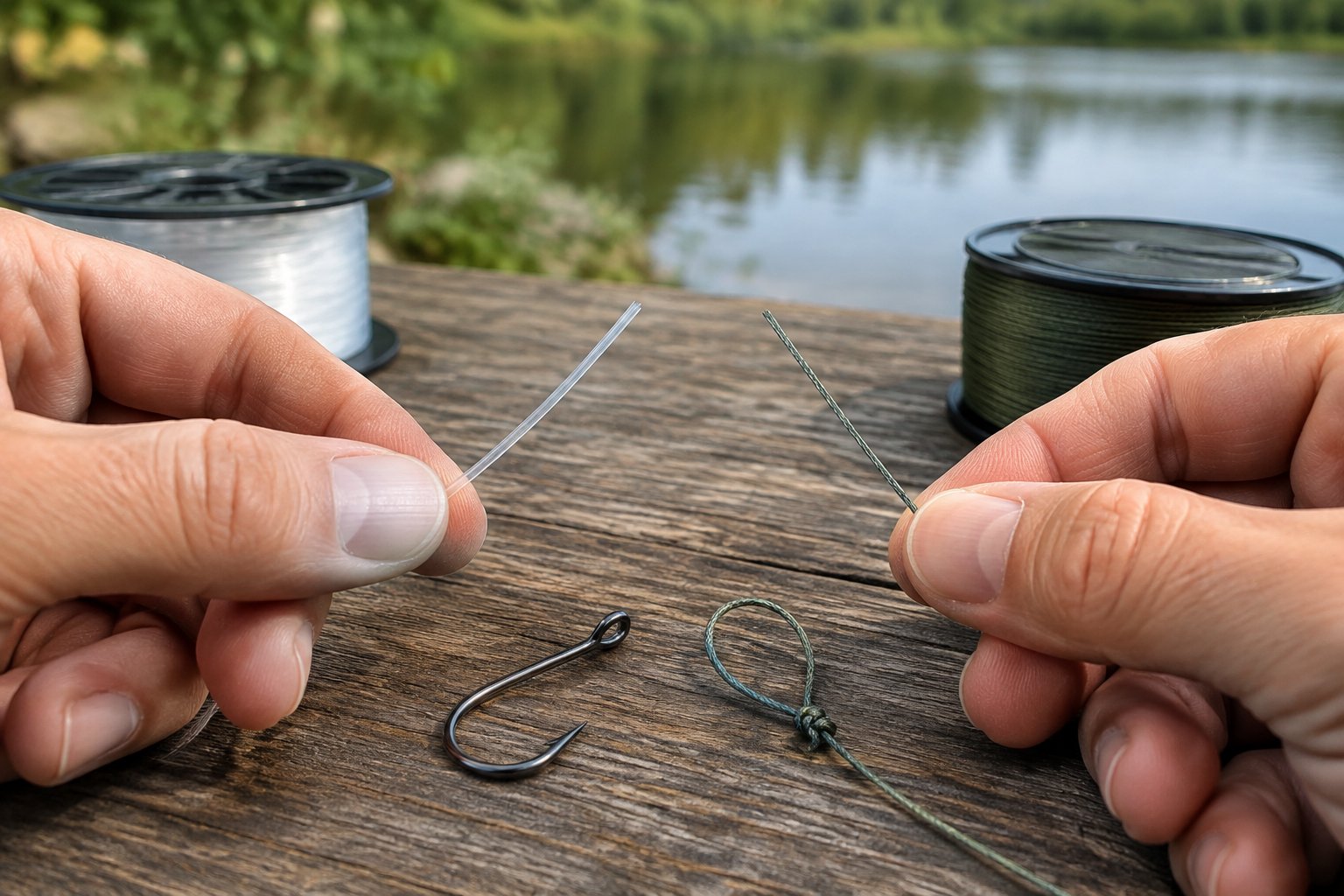An angler compares two fishing lines beside a hook and loop knot.