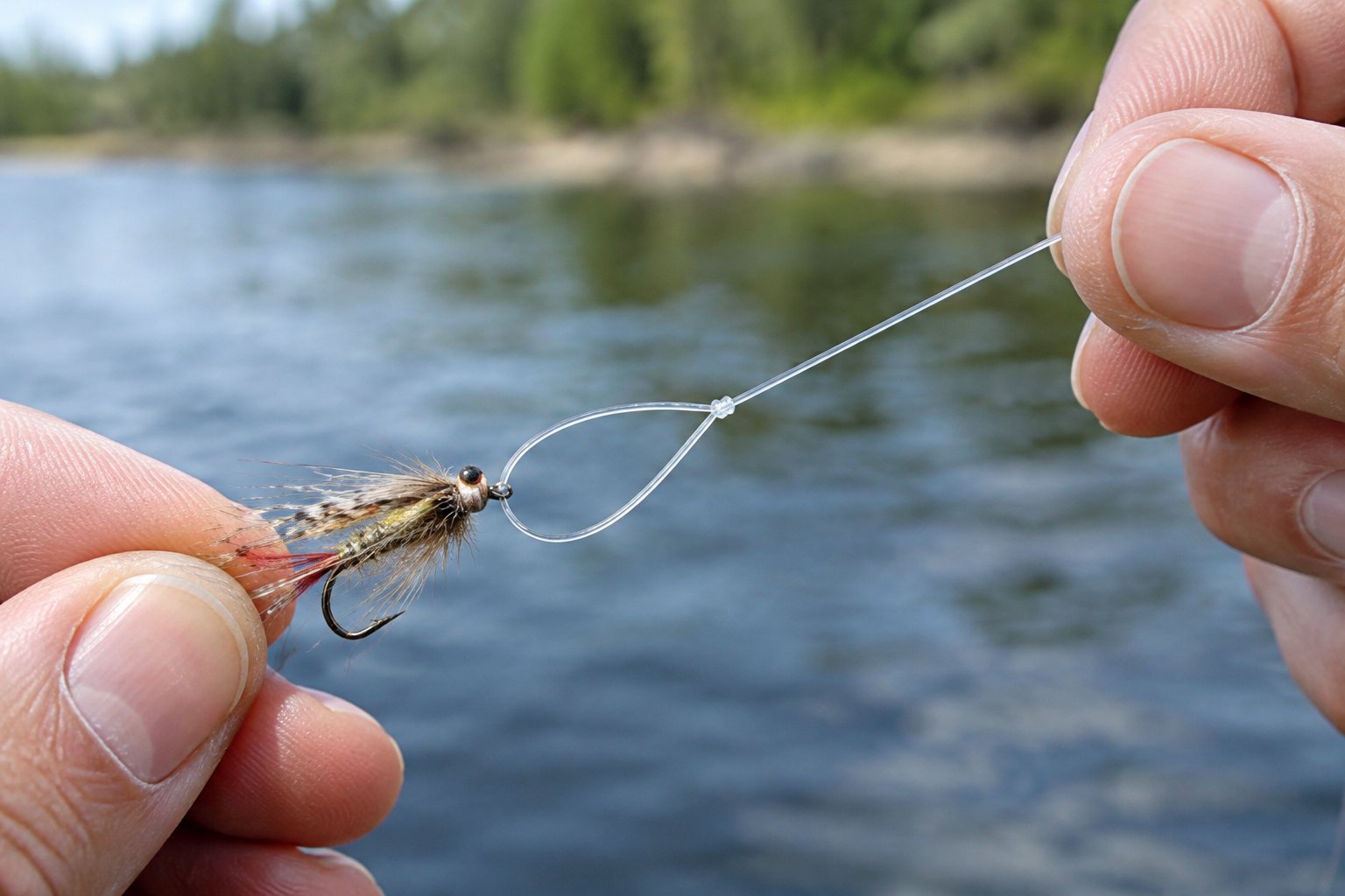 Hands tie a loop knot in fishing line attached to a small lure.