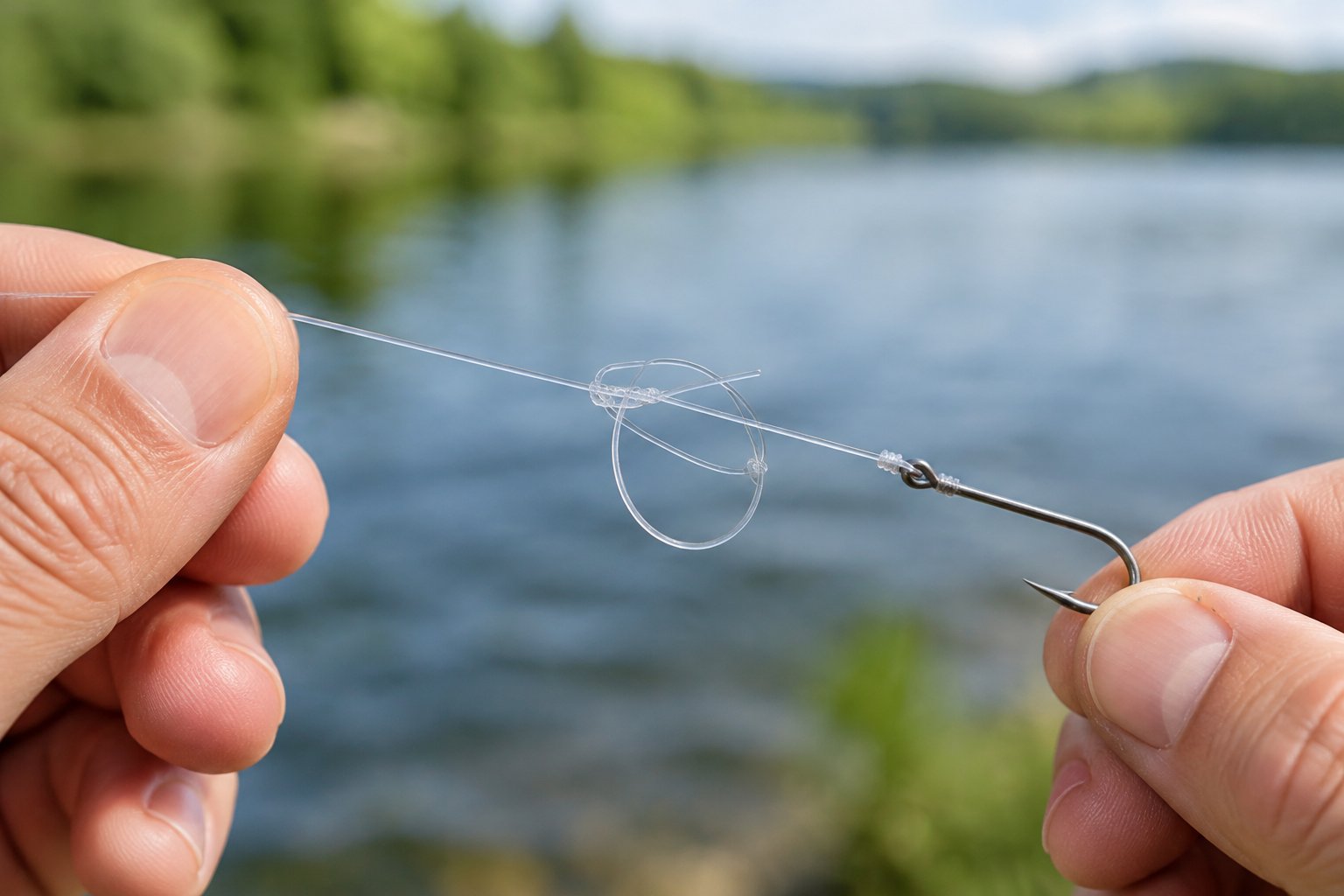 An angler inspects a loose, uneven loop knot on a fishing line.