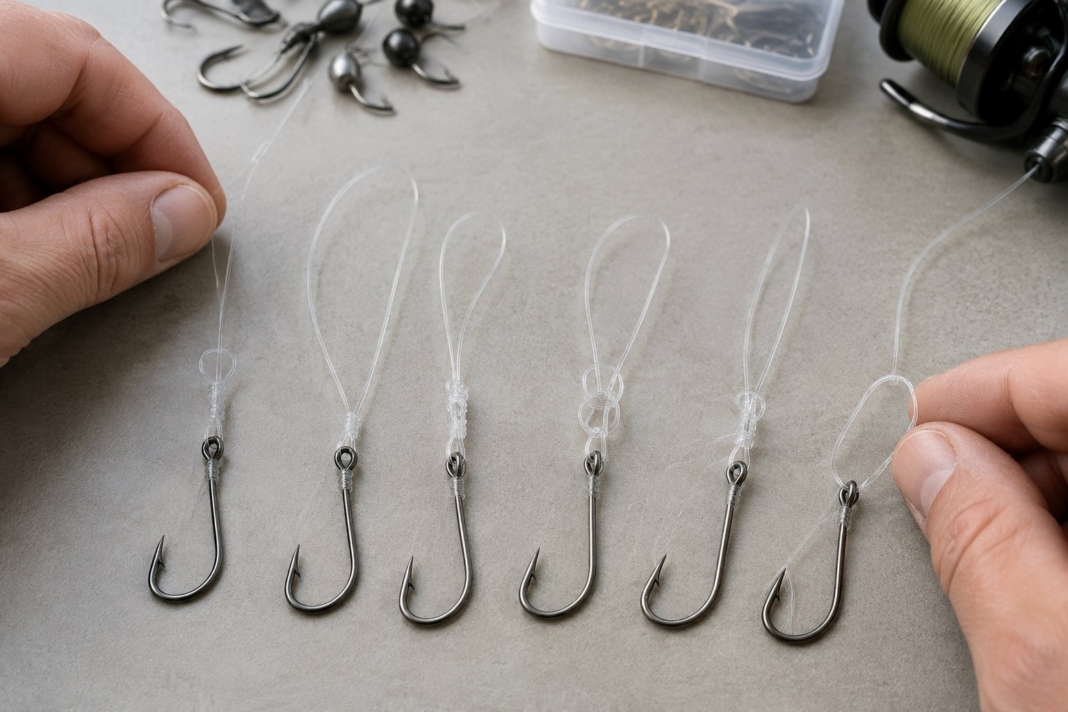 Hands compare several loop knots tied to fishing hooks.
