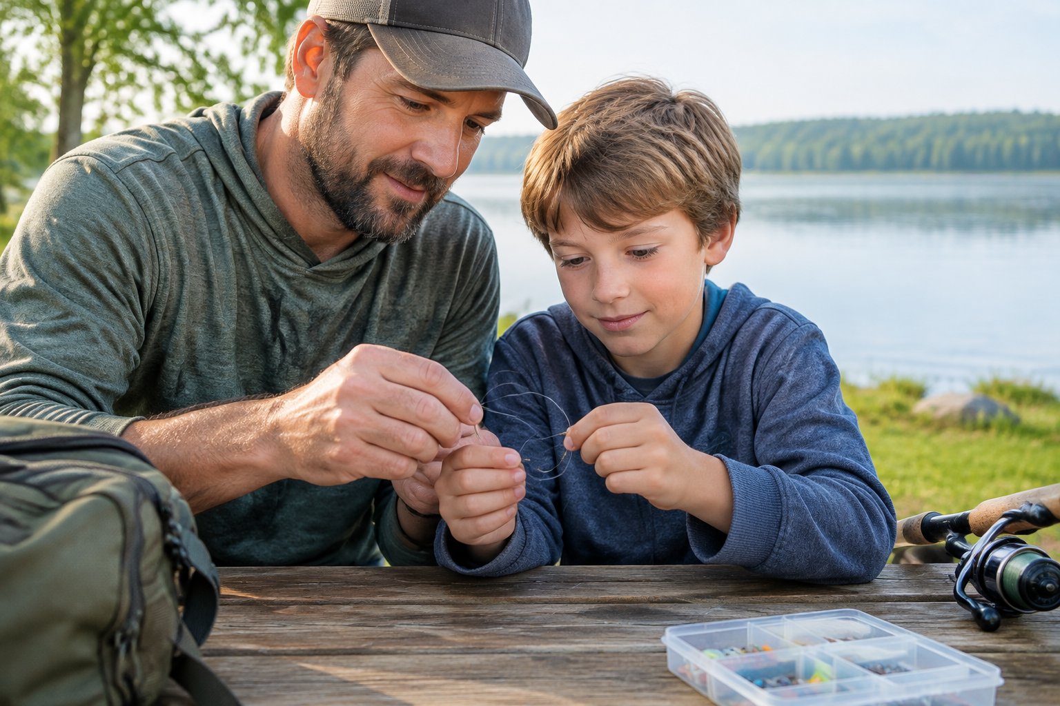 A parent helps a child practice tying a fishing knot at a lakeside table.