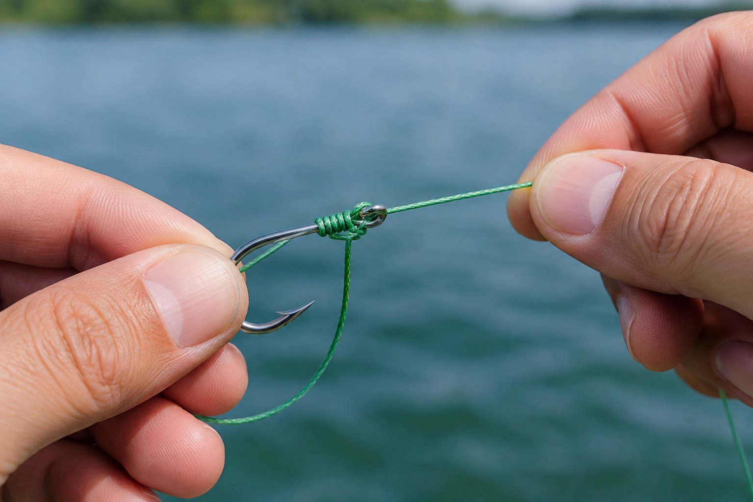 Hands tying a knot in braided fishing line attached to a hook.
